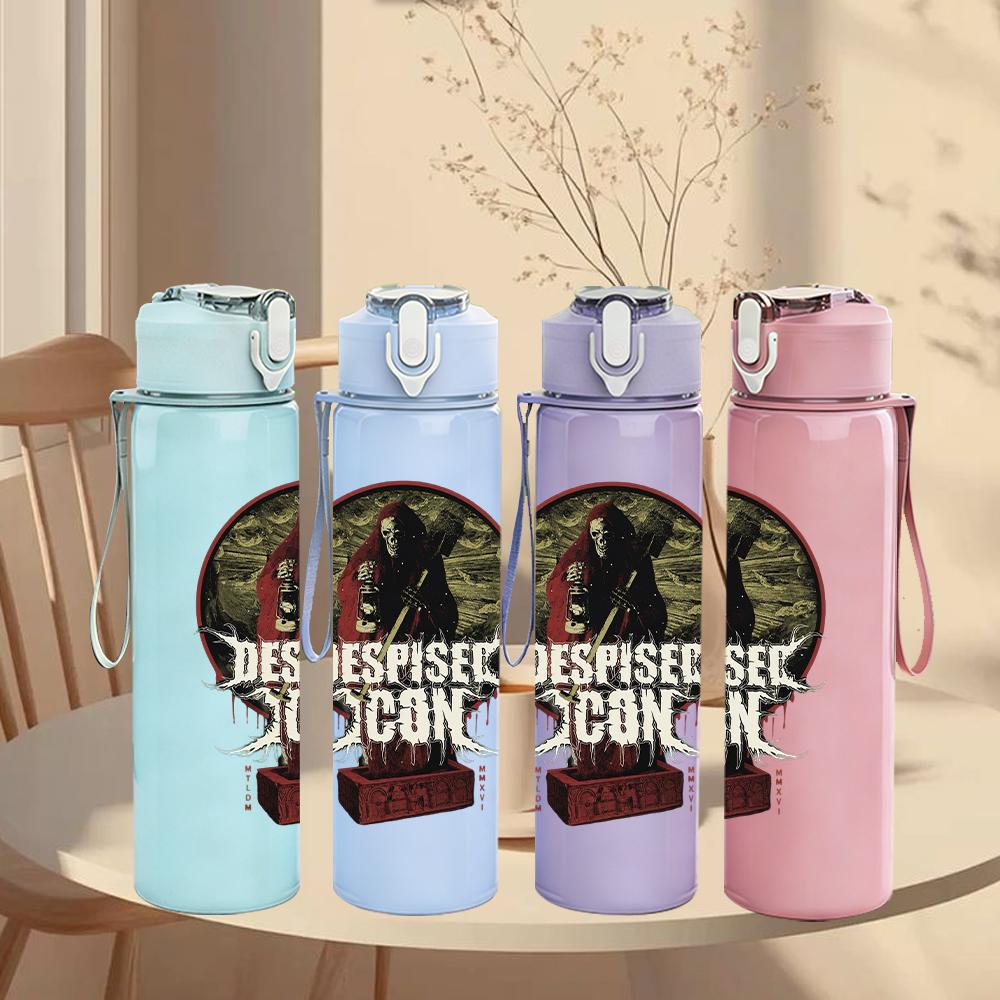 1PC Disturbed skull dark band print 750ml colorful plastic sports water bottle leakproof pop up lid with straw for outdoor work home use