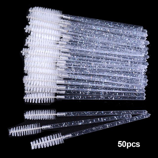 Shiny Crystal Disposable Eyelash Applicator 50pcs/Bag with Nylon Mascara Wands Spoolie Brushes for Lash Extension & Makeup Tools