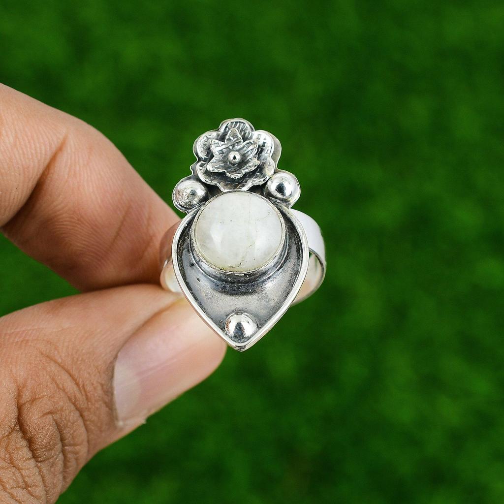 Natural Rainbow Moonstone 925 Silver Flower Adjustable Ring For Women