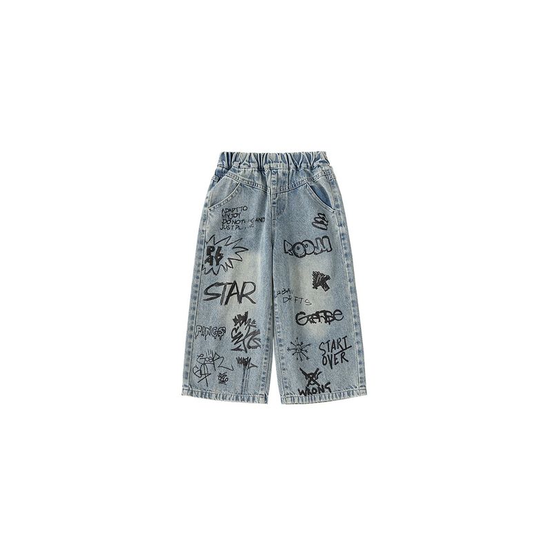 Girls' Spring Clothing 2026 New Children's Pants Girls' Jeans Spring and Autumn Boys' Graffiti Long Pants Straight-Leg Pants Children's Clothing