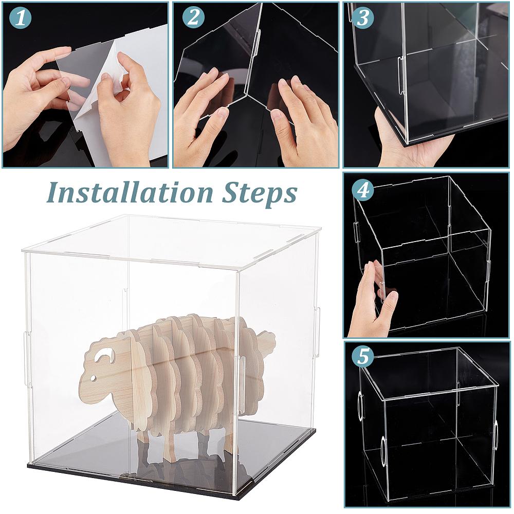 1set Transparent Acrylic Display Boxes Dust-Proof Cases with Black Base and 4Pcs Plastic Rings for Models Building Blocks Doll Display Holders Clear