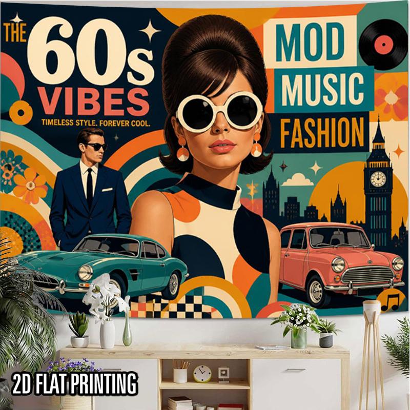 2D Flat, 2D Flat Print 1pc Tapestry 60s Mod Music Fashion Tapestry Retro Pop Art Wall Decor Tapestry for Bedroom Living Room Decor, Rustic Nature Home