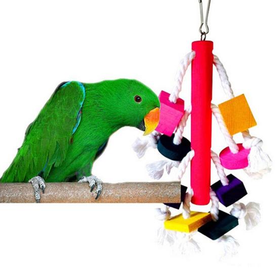 Pet Bird Parrot Wood Blocks Cotton Rope Cage Hanging Standing Play Chew Toy