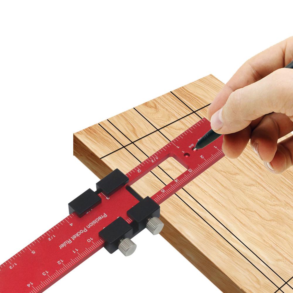 Woodworking Precision Pocket Ruler Aluminum Slide Ruler Inch and Metric T-Scribe Ruler Square Layout Tool with Slide Stop