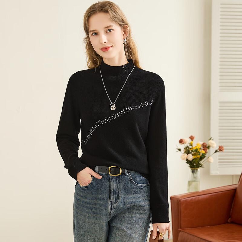 Tuhuang Women s Pure Wool Jacquard Waffle Knit Mock Neck Sweater L