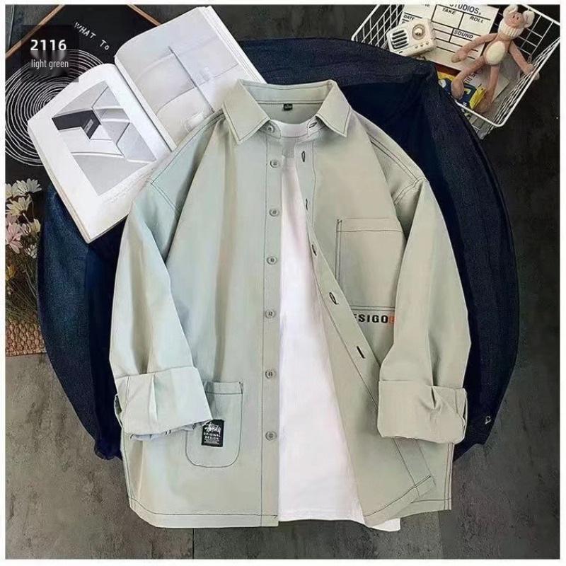 Men's Hong Kong Style Long-Sleeve Shirt: Trendy Loose-Fit Stitching Jacket for Early Autumn, Unisex Couples Design
