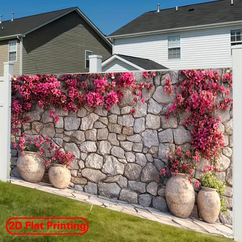 2D Blooming Bougainvillea Stone Wall Backdrop, 2D Flat Printing Background Cloth for Outdoor Events & Parties