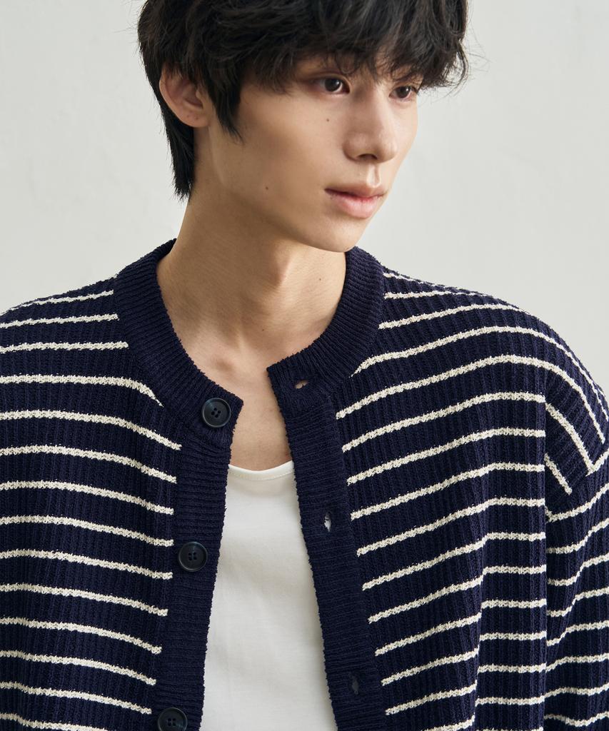 Rotember Low Stripe Crop Knit Cardigan [Navy]