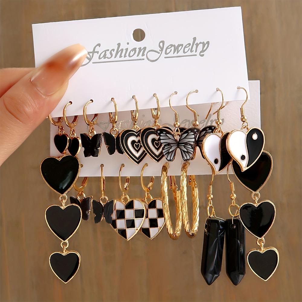 10 Pairs/ Set Hoop Earrings With Enamel Heart Butterfly NaturalStone Decor Y2K Punk Style Trendy Female Gift