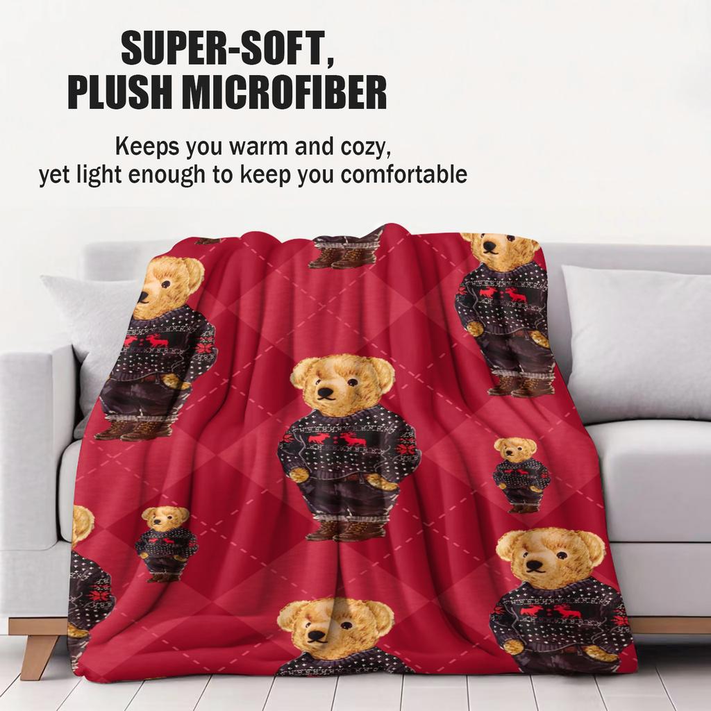 Festliche Vintage POLO Bär Print Fleece-Kuscheldecke für Erwachsene Qualität Super Weich Warm Universelle Decke für Reisen Büro Zuhause