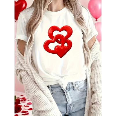 T-shirt Stampata con Cuori Taglia Europea | Elegante Top Casual a Maniche Corte con Girocollo per Primavera/Estate, Abbigliamento Donna