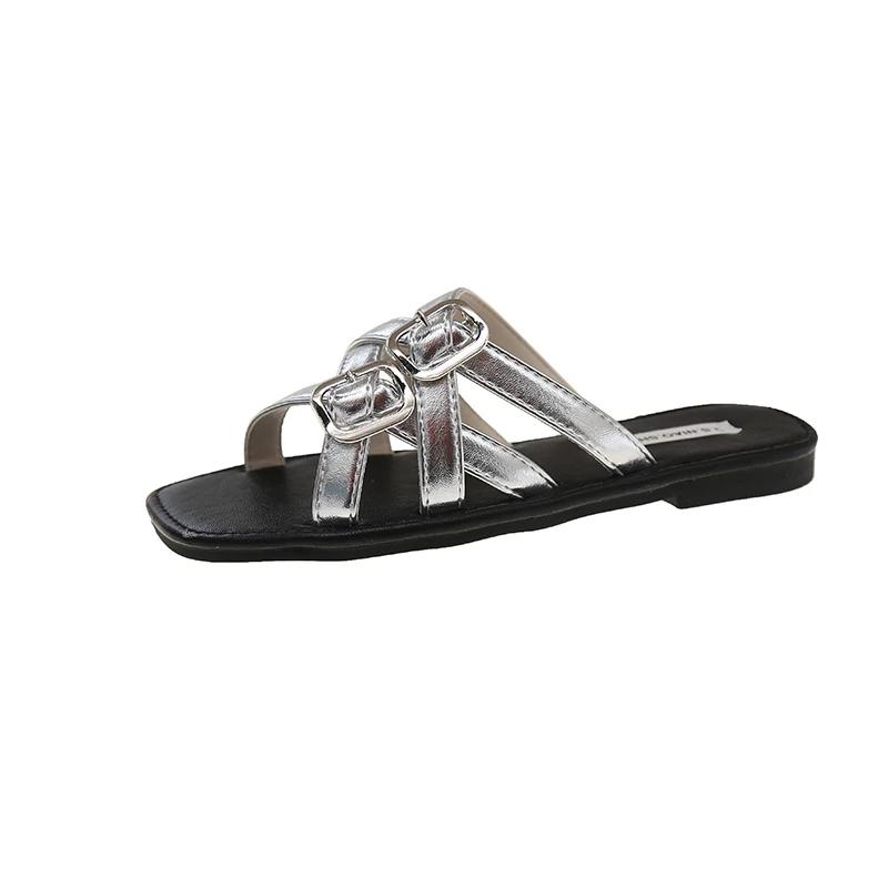 Flat Sandals Summer New Square Head Open Toe Metal Buckle Thin with Soft Sole Anti-slip Wear-resistant Slippers
