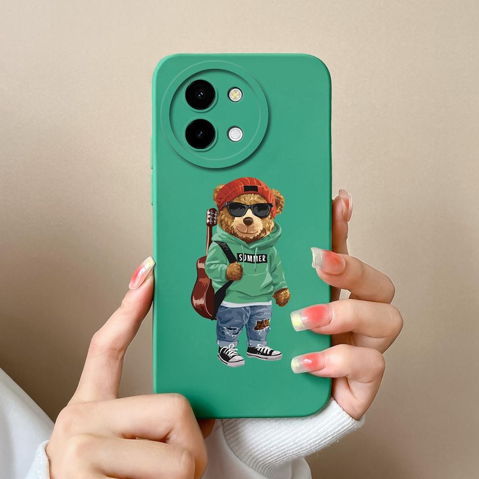 Cute Bear Cartoon Pattern Shell For Vivo T3x Y03 Y28 Y38 Y200i T3 X Cover Bumper Screen Protector Lens Protection Liquid Silicone Soft Phone Bags Case