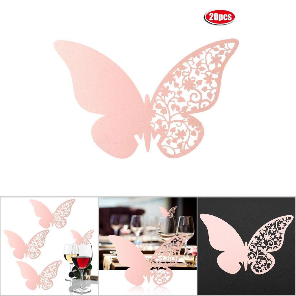 20pcs Butterfly Shape Wedding Hollow Name Place Cards For Wine Glass Table Decoration(Pink)