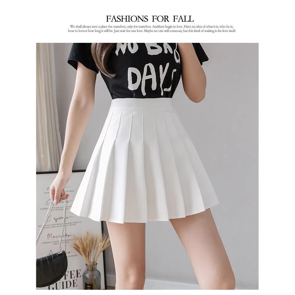 Women's High Waist Pleated Mini Skirt Preppy Style Solid Color Short Skirt With Safety Shorts