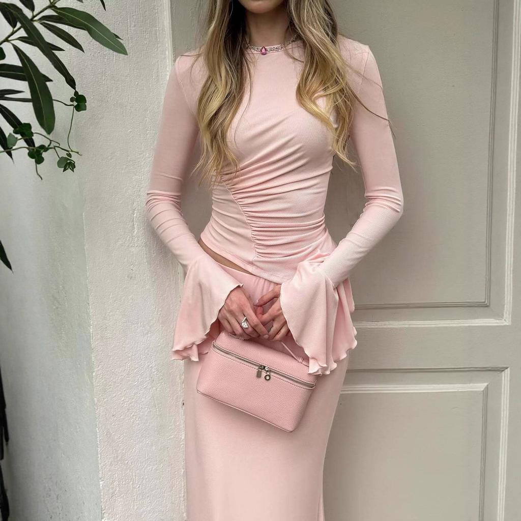 2025 Cross-border European and American Autumn New Round Neck Long-sleeved Lotus Leaf Sleeve Pleated Inner Tight Top Hip Skirt