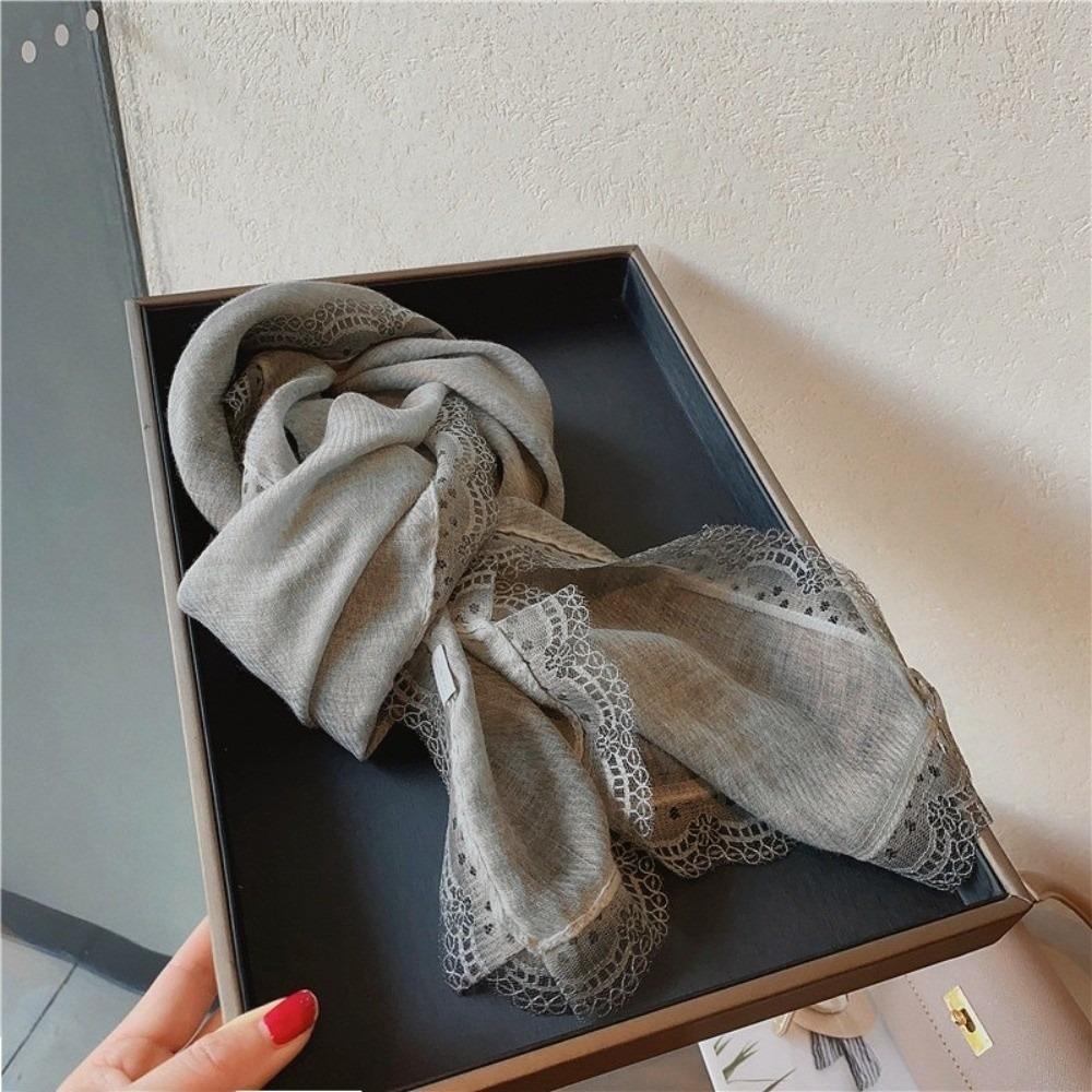 Solid Color Cotton Linen Scarf Lace Edge Silk Scarf Literary Flaxen Lace Scarf for Women