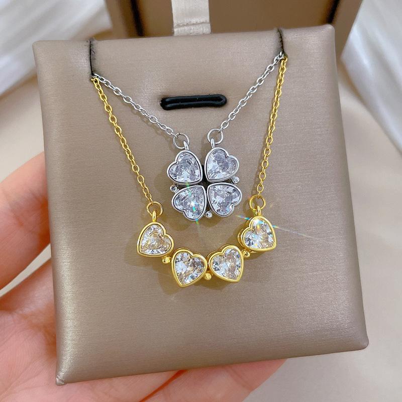 Necklace Women'S New Model, A Two-Wear Heart-To-Heart Open And Closed Four-Leaf Flower Full Diamond Versatile Clavicle Chain Titanium Steel