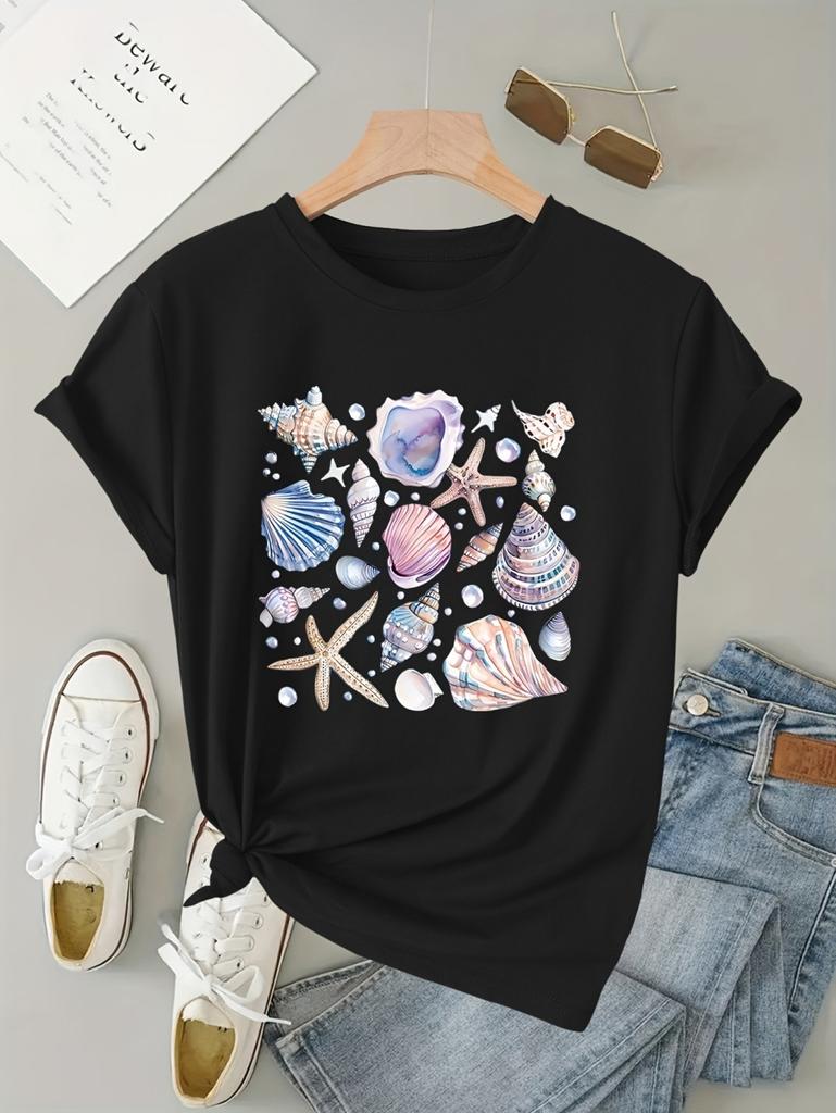 Summer Playful Women's Casual Short Sleeve T-Shirt Shell Print Ocean Style Trendy Tops Hawaii Vacation Outdoor Fit Woman Clothes