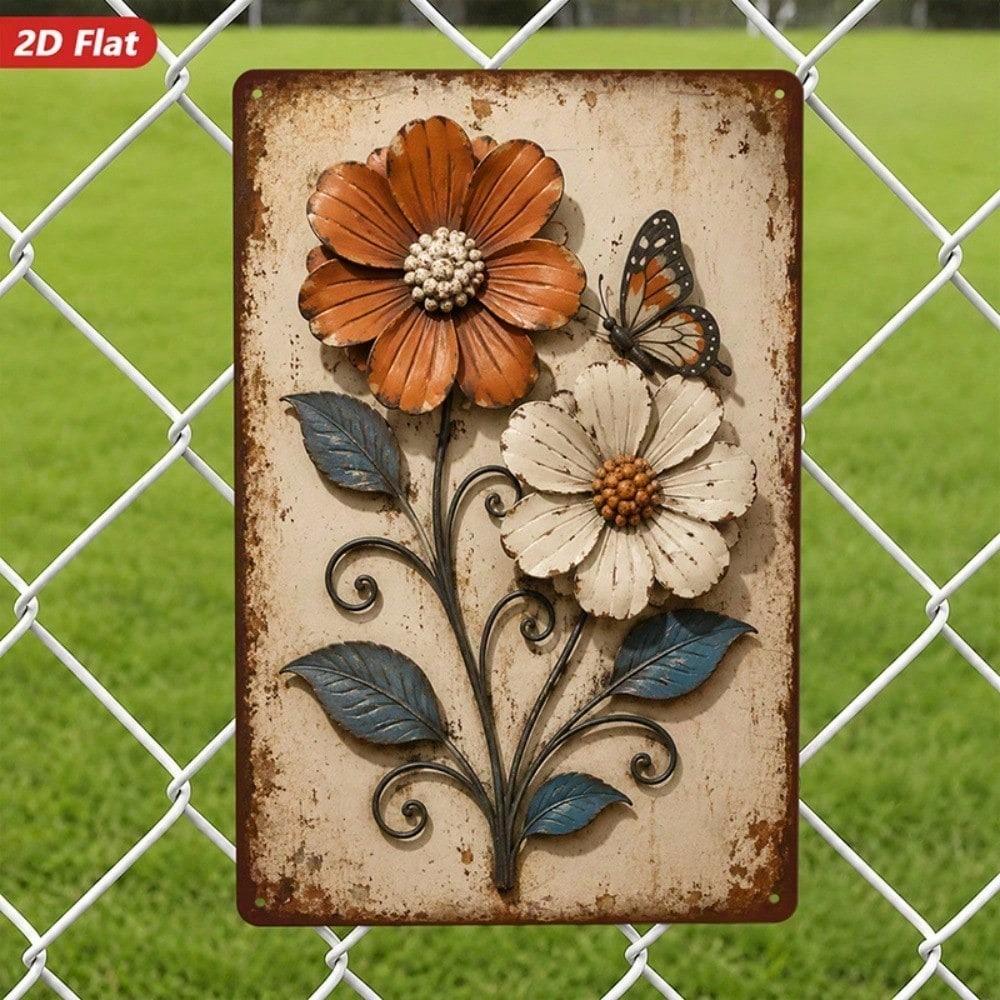 1pc 2D Flat Metal Wall Art Sign, Rustic Floral Butterfly Metal Plaque, Durable Windproof Decor with Rounded Corners