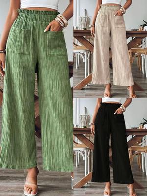 Dames Effen Kleur Casual Rechte Pijpen Broek Los Elegant Elastische Taille Lente Herfst Zak Broek
