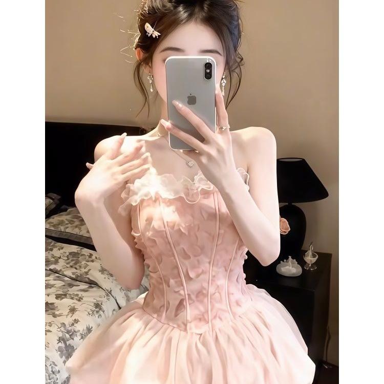 French Daughter Sweet Tube Top Dress Summer New Beautiful Design Waist Bud Puffy Skirt