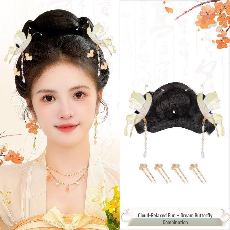 Ancient Style Hanfu Wig Bun with Full Hair Strand Updo Hairstyle Headwear Set
