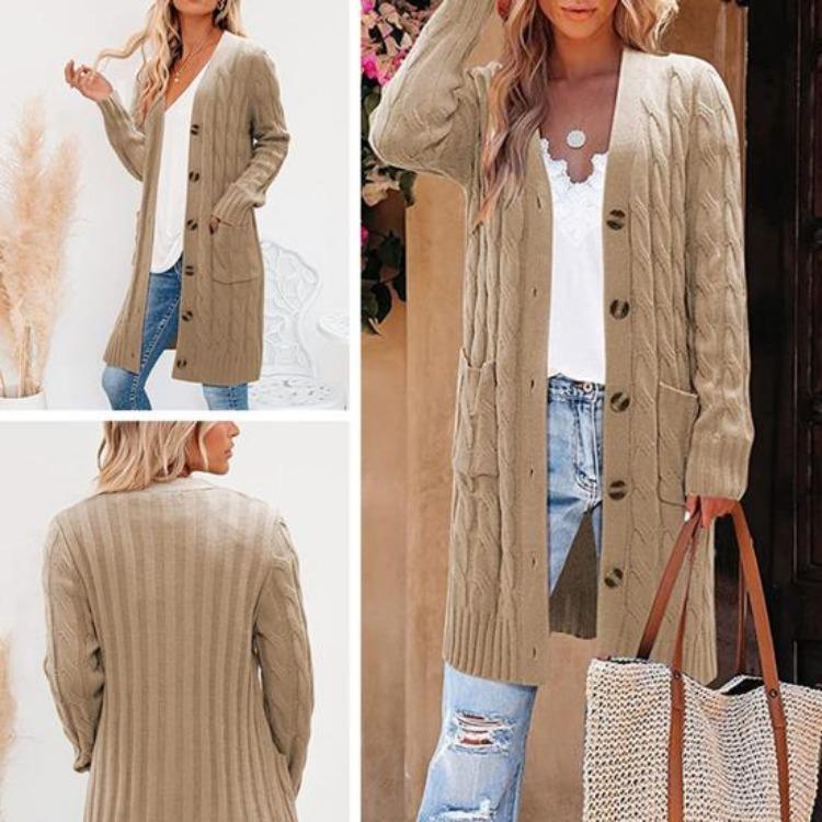 Button Up Knitting Jacket Women Sweater Cardigan Solid Color V Neck Long Sleeve Twist Texture Tops with Pockets