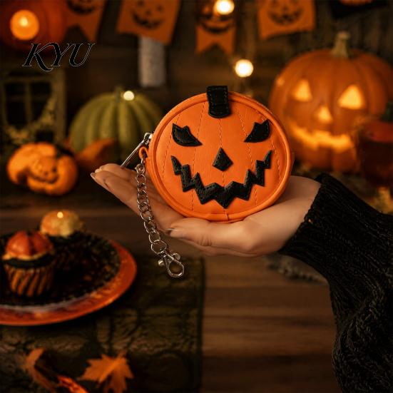 Detachable Hanging Pouch for Backpacks Mini Coin Purse Keychain, Halloween Pumpkin Wallet Bag Charm, Faux Round Leather Storage Small Change