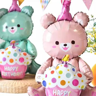 1 SZT. 31IN Słodki Różowy Miś Trzymający Balon Aluminiowy w Kształcie Tortu Dekoracja na Przyjęcie Urodzinowe Balon z Folii Aluminiowej Prezent Urodzinowy Bal