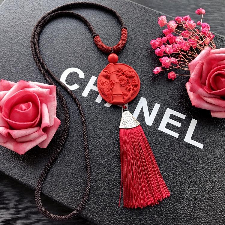 Neoclassical Chinese red cinnabar fringed necklace retro fashion long versatile sweater chain four seasons ethnic style accessories