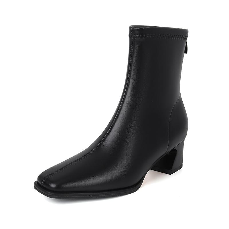 French thick heel short boots women's autumn and winter new commuting zipper elastic square head fashionable versatile medium tube thin boots