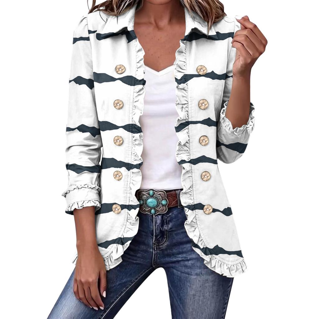 Women's Cropped Ruffle Hem Jacket with Lapel Collar and Double-Breasted Button Front