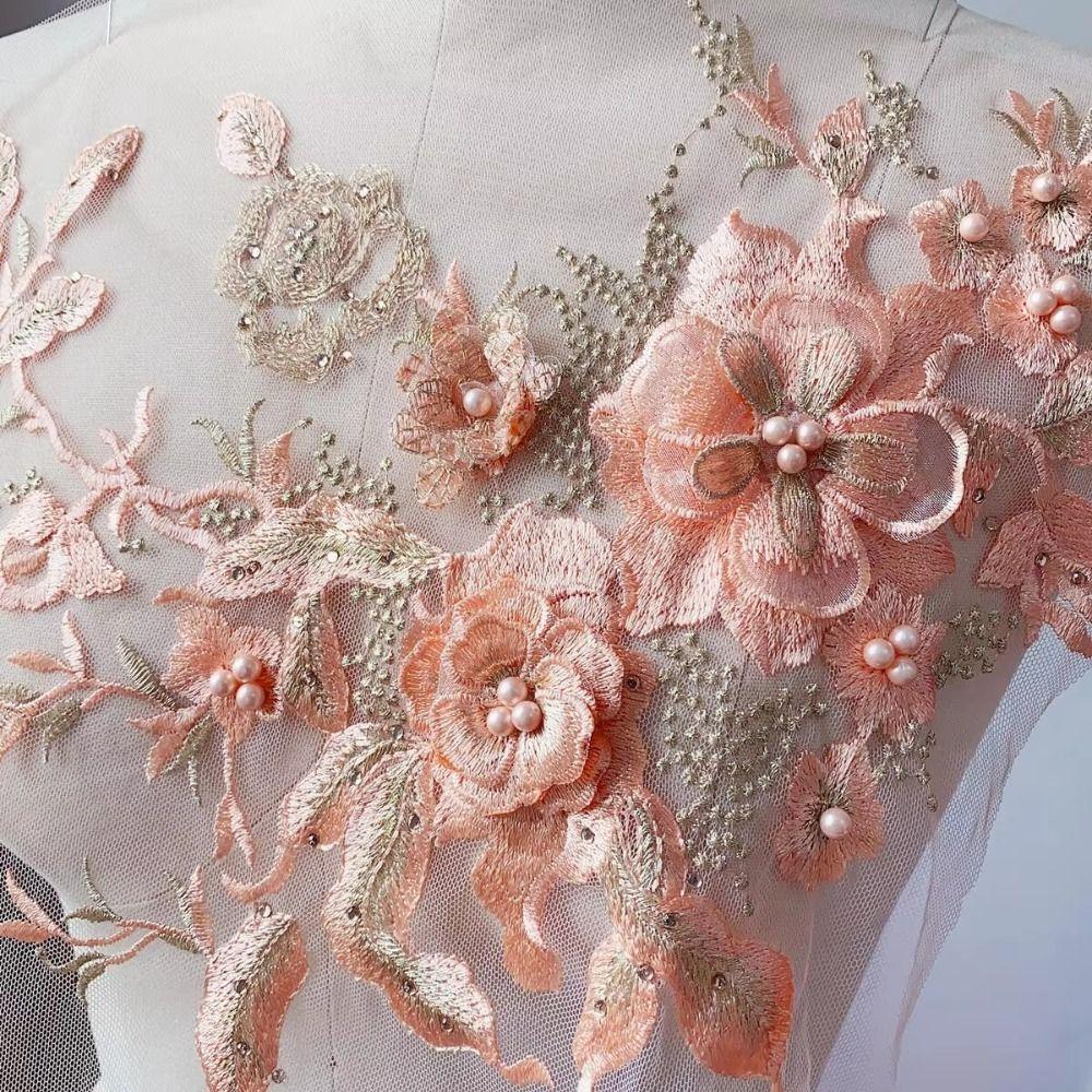 Colorful Sequined Sewing On Patches Flower Lace Beaded Lace Applique  Bridal Dress