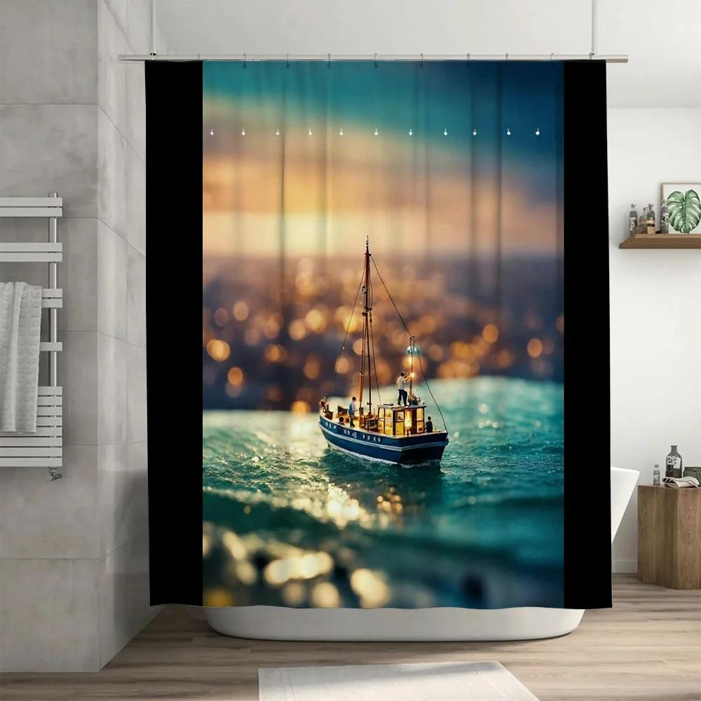 Boat Shower Curtainsea Life Scene For Bathroom Decor Waterproof Print Blue Light At Night Black Rod Pocket Design