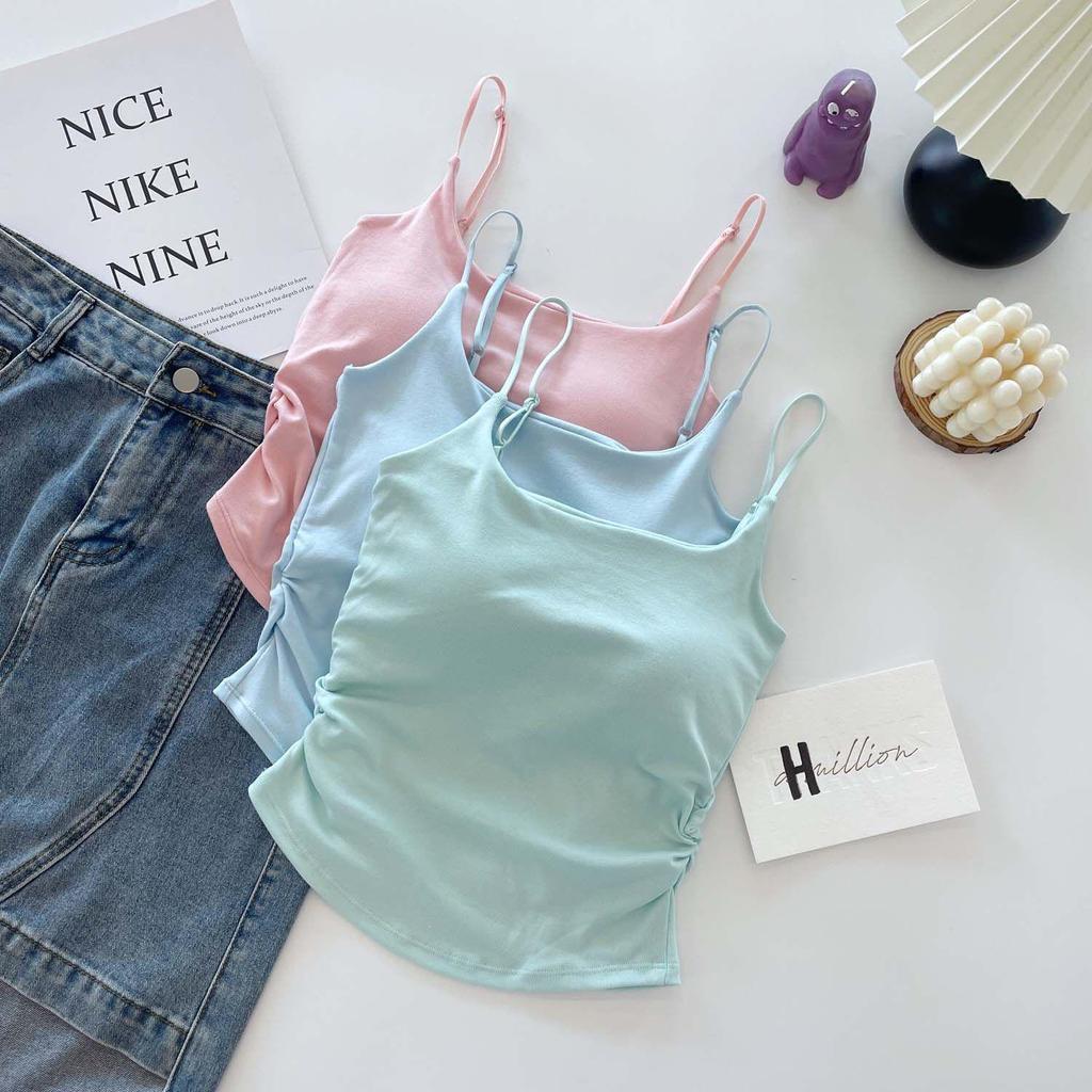 Women's Pleated Camisole: Fresh Design, Slim-Fit, with Chest Pads, Versatile for Outer or Base Layer, Summer-Perfect with Stylish Back