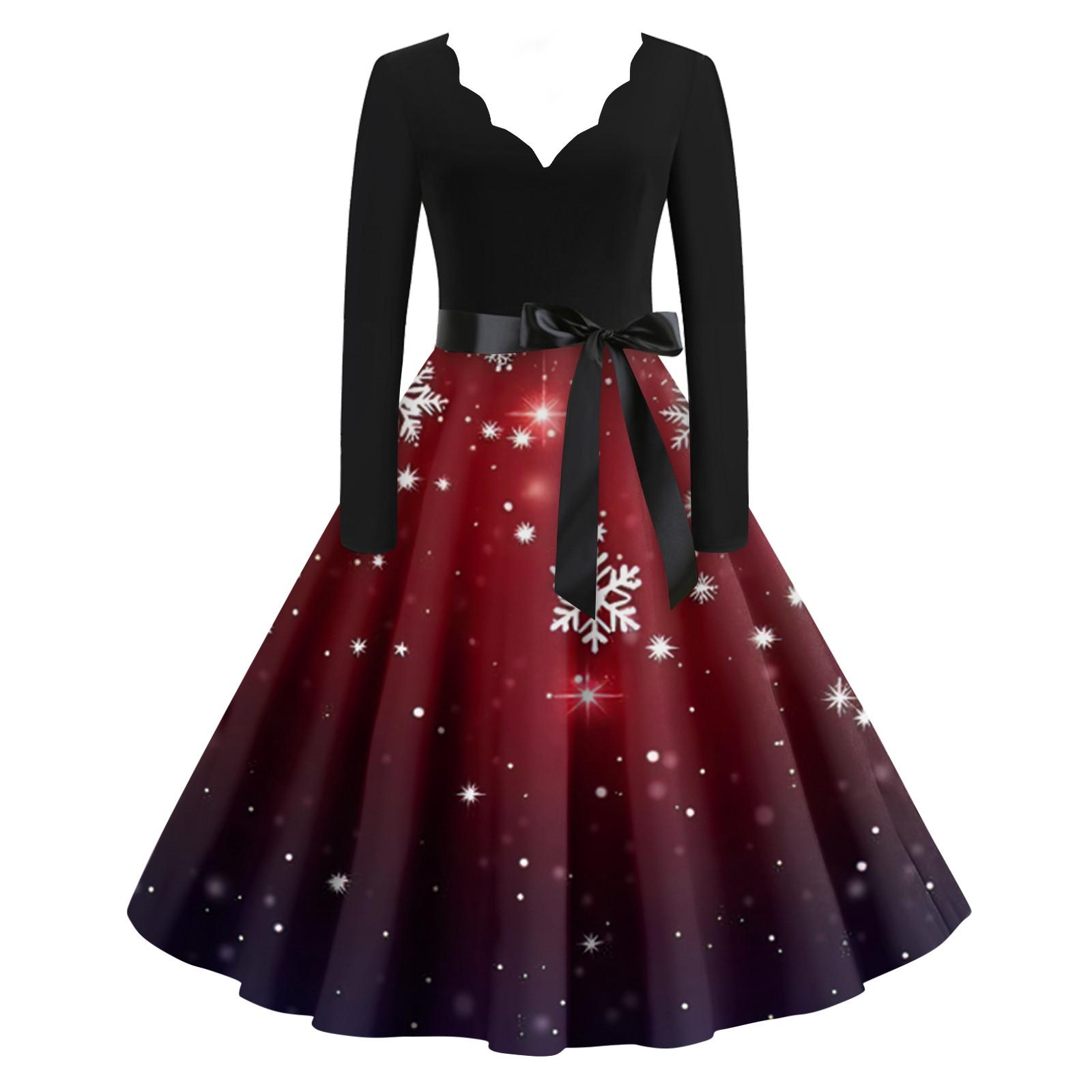 

Женские модные повседневные тонкие рождественские платья с длинным рукавом с v-образным вырезом и принтом S винный