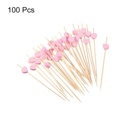uxcell Cocktail Toothpicks, 120mm Bamboo Heart Shape Long Fruit Sticks for Decorating Cocktail Skewers, Drinks, Appetizers, and Fruit, Pink, 100 Piece