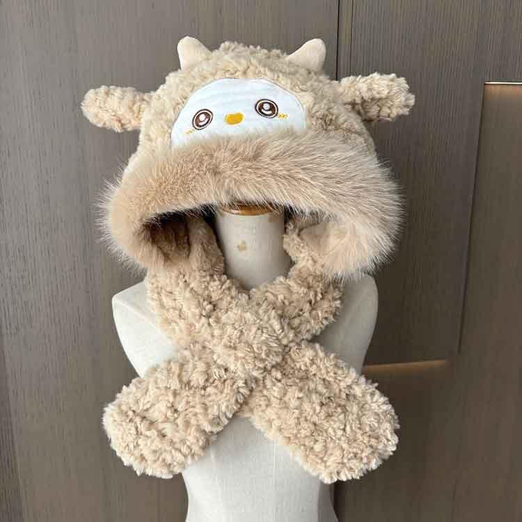 Cute Little Sheep Plush Hat Women'S Winter Cold Protection And Warm Hat Scarf Integrated Thickened Ear Protection Lei Feng Hat