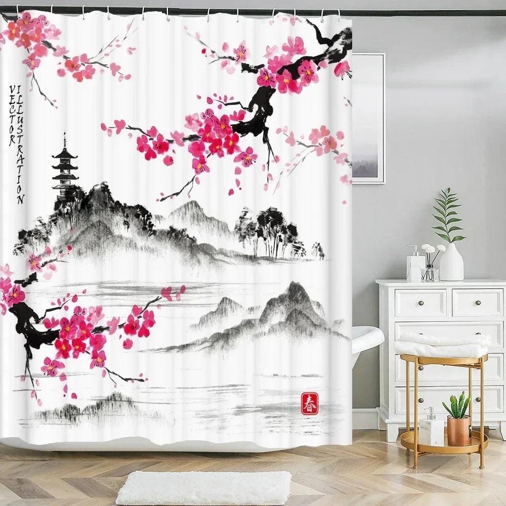 

Japanese-Style Flowers Plum Blossom Shower Curtains Bathroom Curtain Frabic Waterproof Polyester Bath Curtain With Hooks W60H190(CM)-1 Pcs