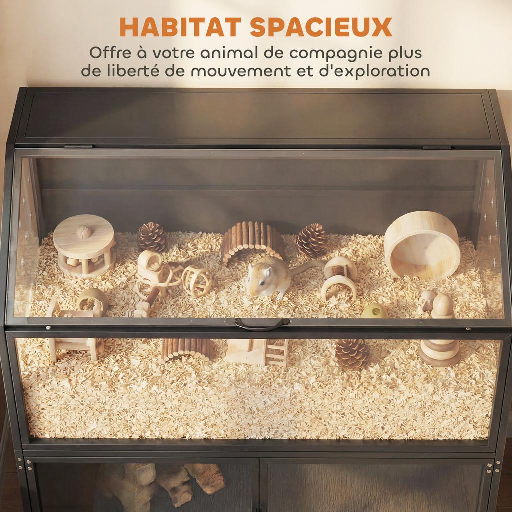 Hamsterkäfig 2-in-1 mit Aufbewahrungsschrank für Nagetiere Syrische Hamster und Mäuse Stahl und Acryl Schwarz