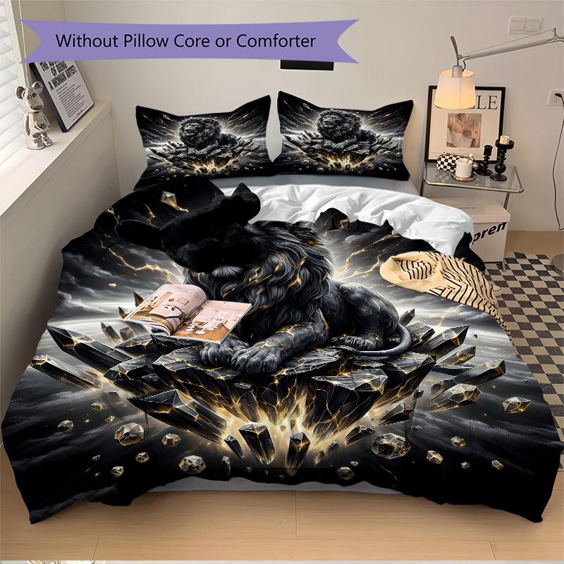 3pcs Emerging Lion Printed Quilt Set - Soft and Comfortable Quilt Cover for Bedroom, Guest Room and Dormitory