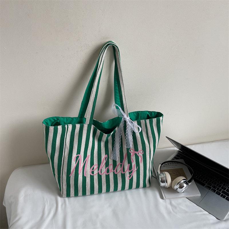 

Summer new striped double-sided shoulder bag cute printed letter canvas bag large capacity simple letter commuter bag зелёный