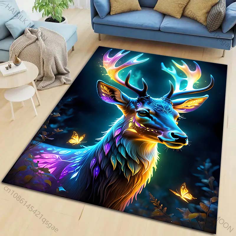 Dreamlike Glowing Deer with Butterflies Carpet for Living Room Bedroom Bedside Floor Mat Cloakroom Children Play Mat Area Rug