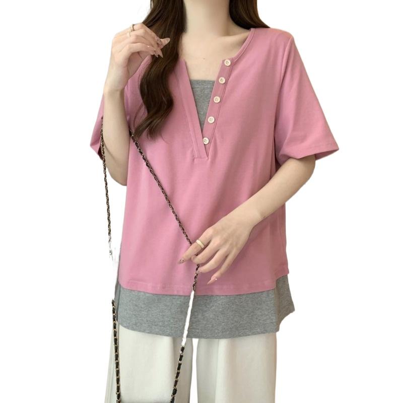 Ladies' Fake Two T-shirts Women's Patchwork V-neck Short Sleeved Blouse Summer New Korean Style Loose Versatile Top