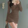 Sexy V-Neck Pleated Autumn/Winter European & American Style Slim Dress