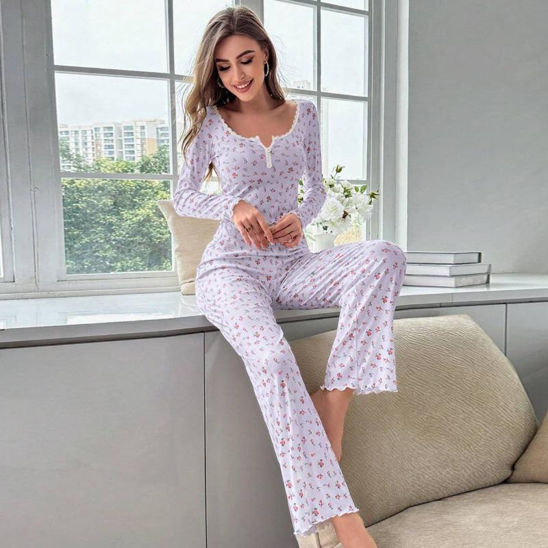 2Pcs/set Fancy Underwear Women's Homewear Lace Long-sleeved Trousers Stretch College Students Home Wearable Pajamas for Women