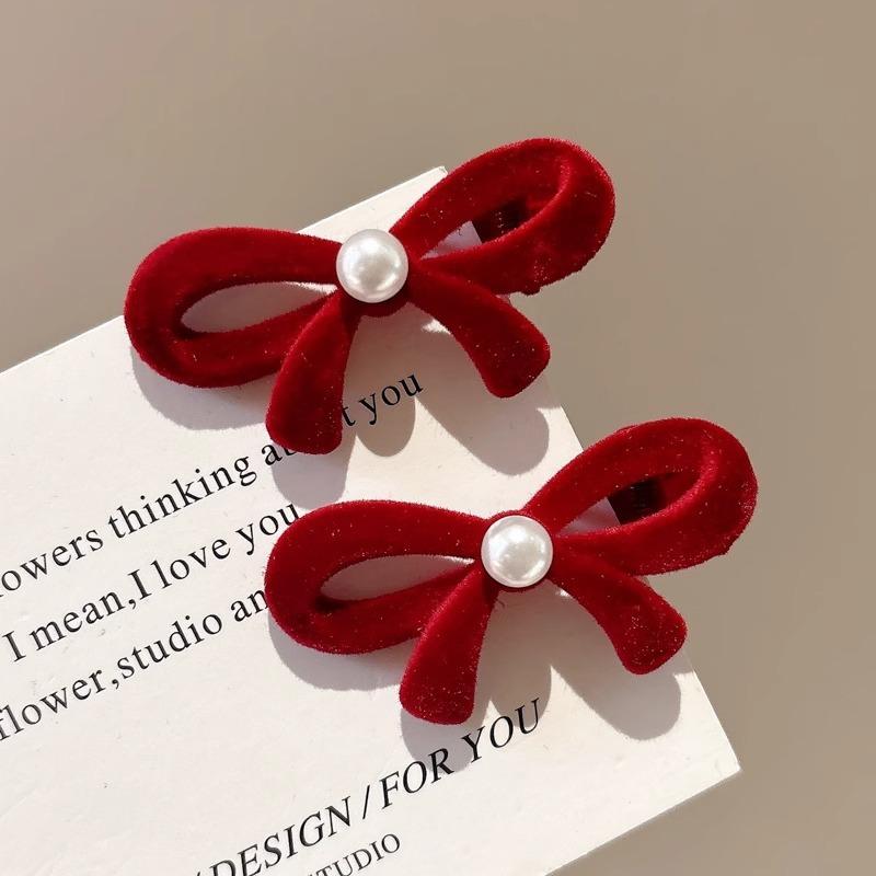 2 ks Červené sametové mašličky sponky do vlasů pro ženy dívky elegantní mini perlová mašlička ofina boční klip vlásenky pokrývka hlavy vlasové doplňky