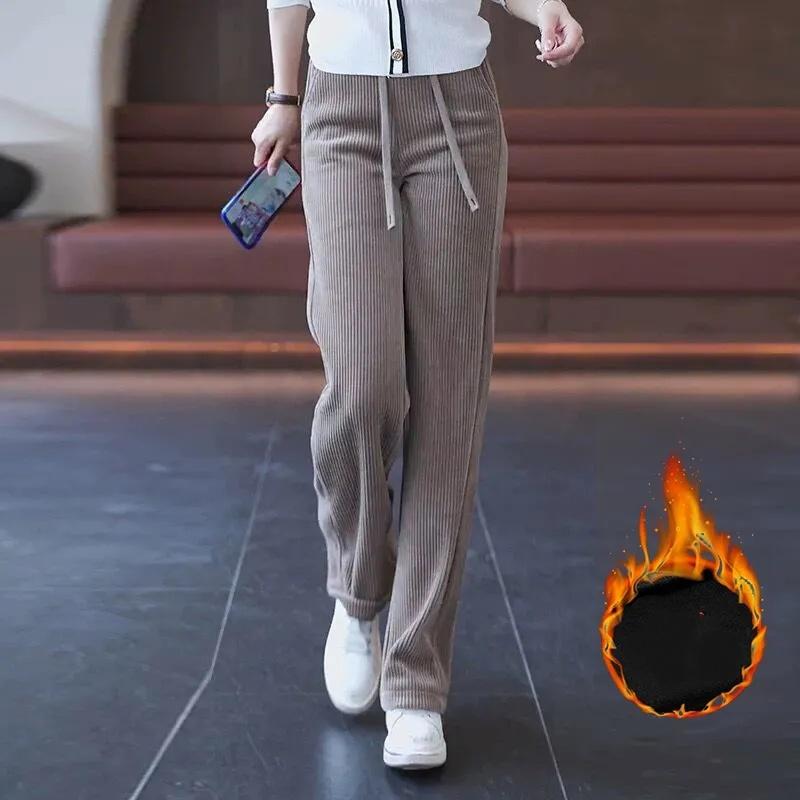 Winter Women Chic High Waisted Pants Lady Korean Style Versatile Solid Trousers Female Thermal Thicken Straight Leg Slacks
