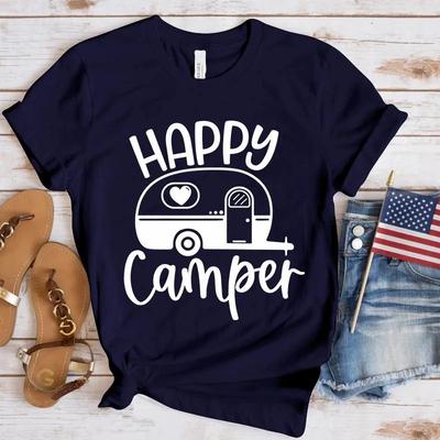 New Happy Camper Printed T Shirts Women Solid Color Shirts Crew Neck Tees Tops Outdoor Camping Cool Soft Shirt